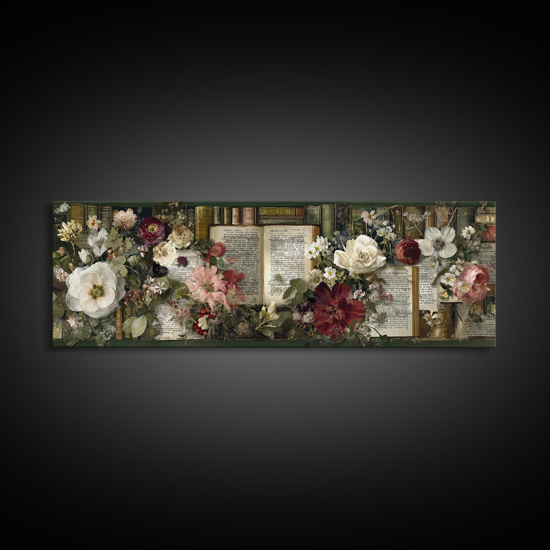 Botanical Pressed Flowers Inside Old Pages Framed Canvas Print, Library Art, Neutral Decor, Library Decor, Oil Painting, LIB-3x1-73