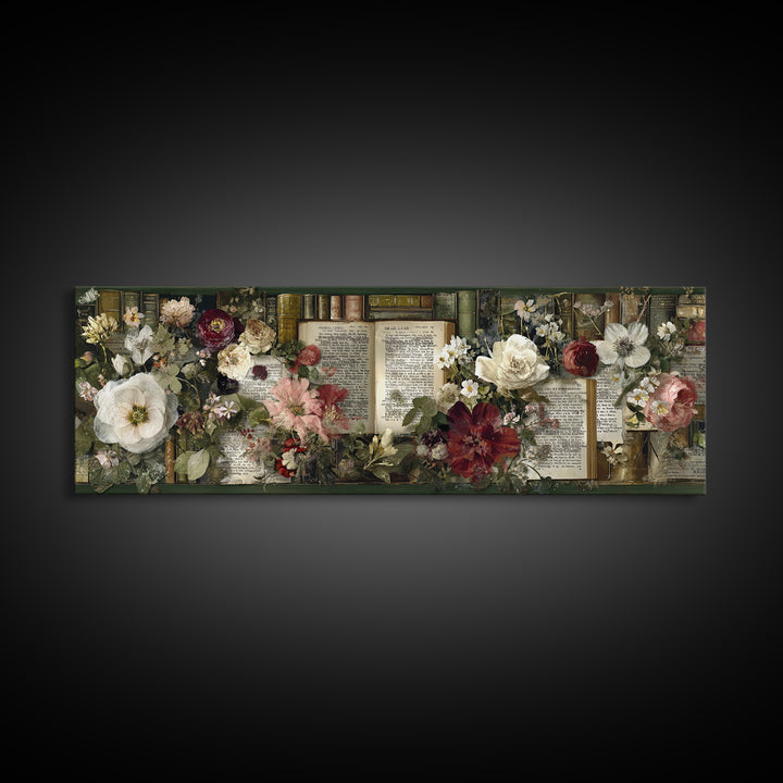 Botanical Pressed Flowers Inside Old Pages Framed Canvas Print, Library Art, Neutral Decor, Library Decor, Oil Painting, LIB-3x1-73