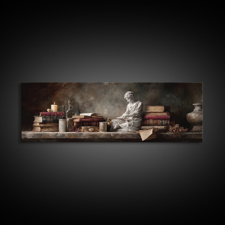 Renaissance Reading Figure Framed Canvas Print, Library Art, Dark Academia Decor, Library Decor, Archive, Botanical Art, LIB-3x1-87