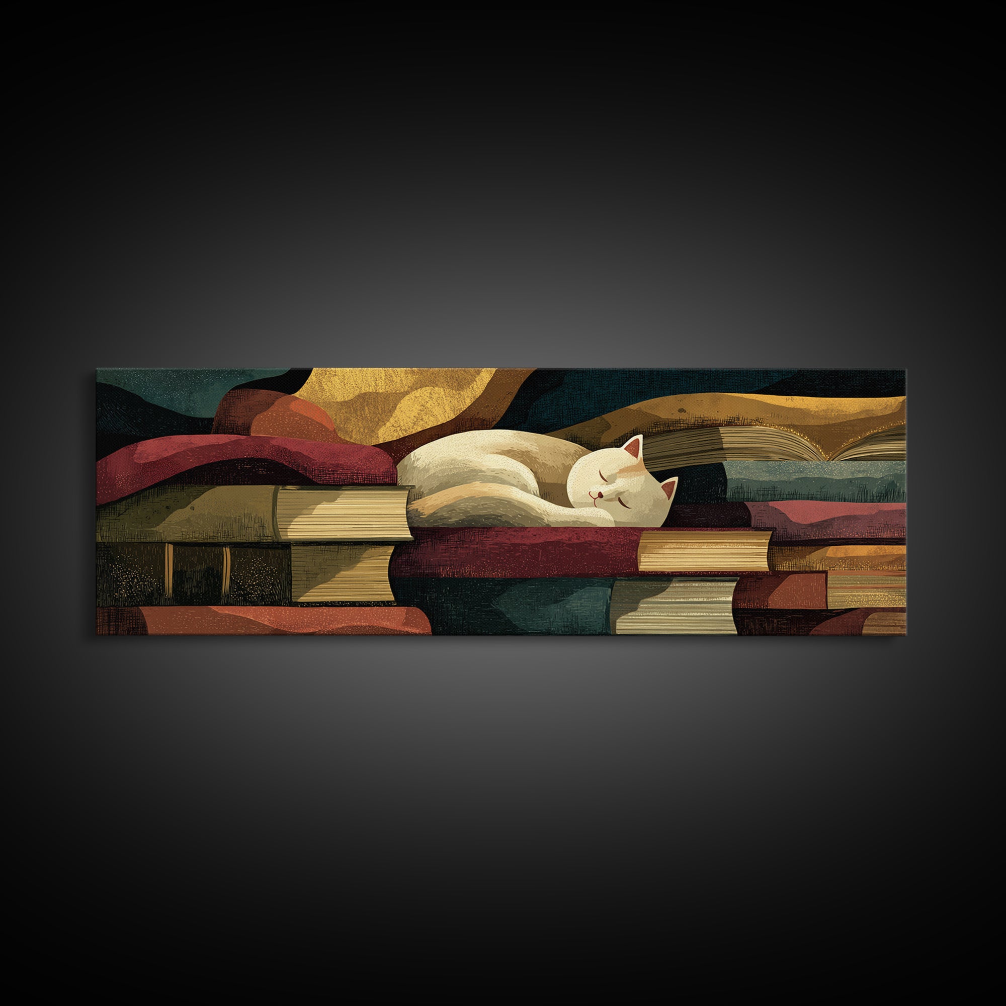 Cat Sleeping on a Book Stack Canvas Print, Library Art, Gothic Home Decor, Library Decor, Oil Painting, Archive, Bookish Decor, LIB-3x1-95