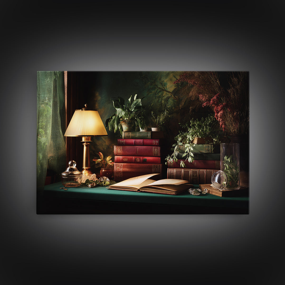 Warm Reading Lamp and Small Plant Still Canvas Print, Library Art, Bookish Decor, Library Decor, Archive, Modern Decor, LIB-3x2-1