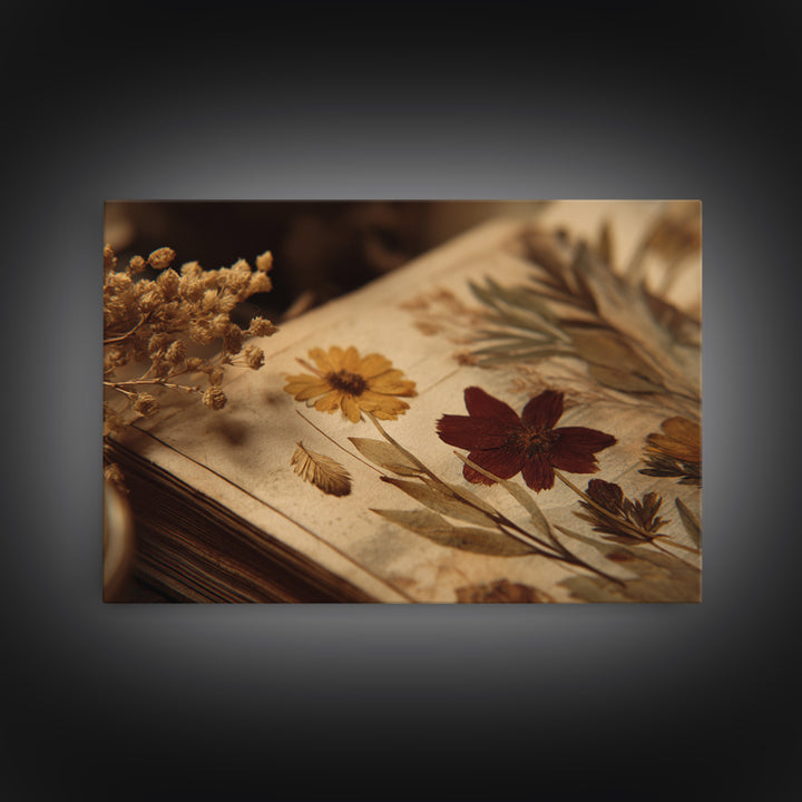 Botanical Pressed Flowers Inside Old Pages Framed Canvas Print, Library Art, Botanical Art, Library Decor, Watercolor Art, LIB-3x2-13