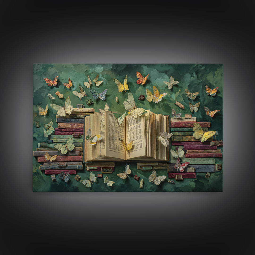 Book Pages Transforming into Butterflies Framed Canvas Print, Library Art, Reading Nook Decor, Library Decor, Fine Art, Archive, LIB-3x2-23