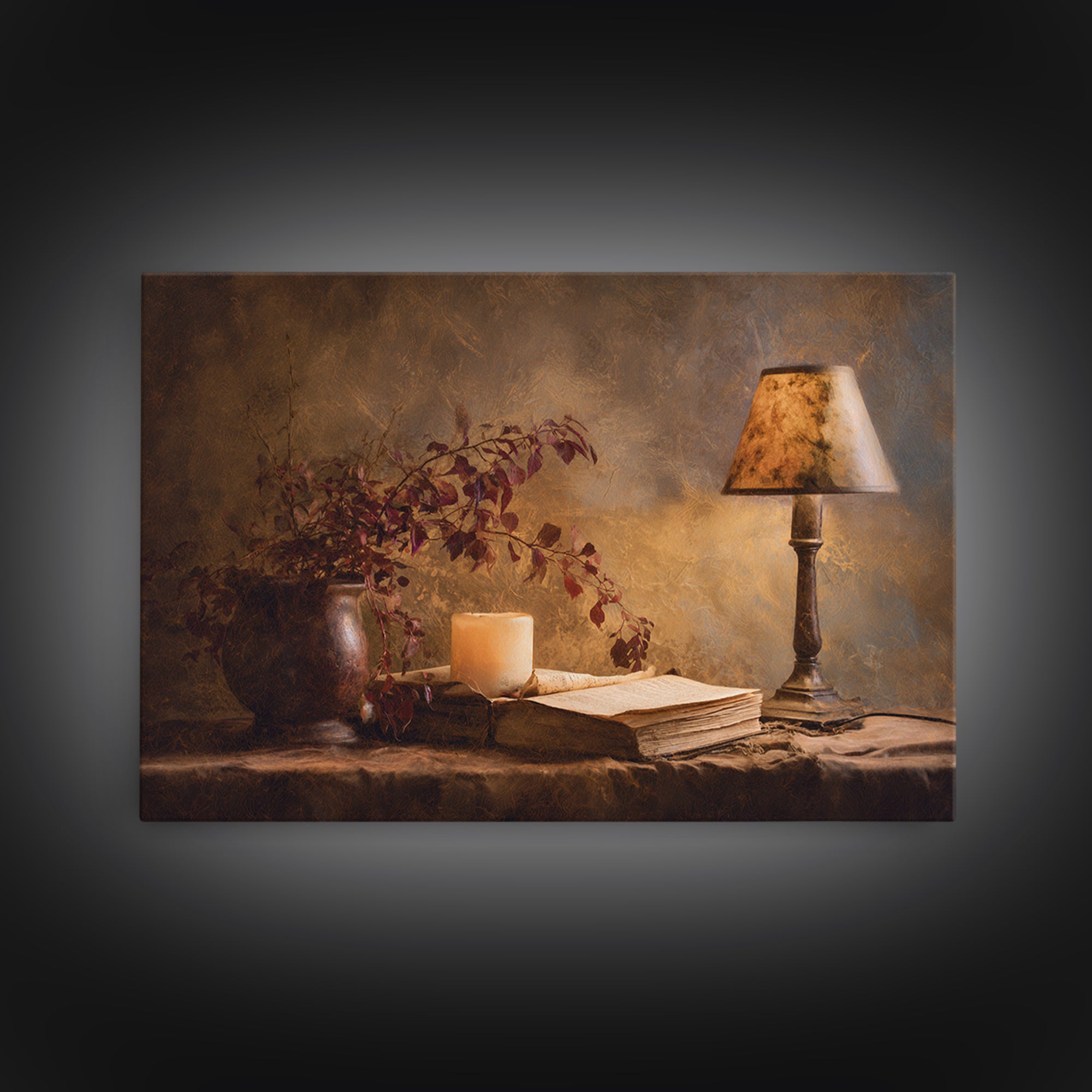 Warm Reading Lamp and Small Plant Still Framed Canvas Print, Library Art, Dark Academia Art, Library Decor, Abstract Art, LIB-3x2-25