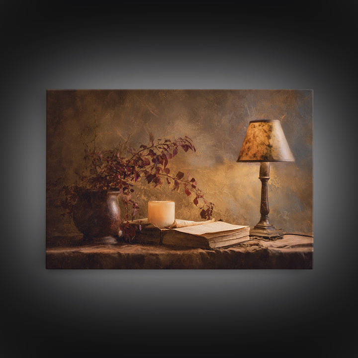 Warm Reading Lamp and Small Plant Still Framed Canvas Print, Library Art, Dark Academia Art, Library Decor, Abstract Art, LIB-3x2-25