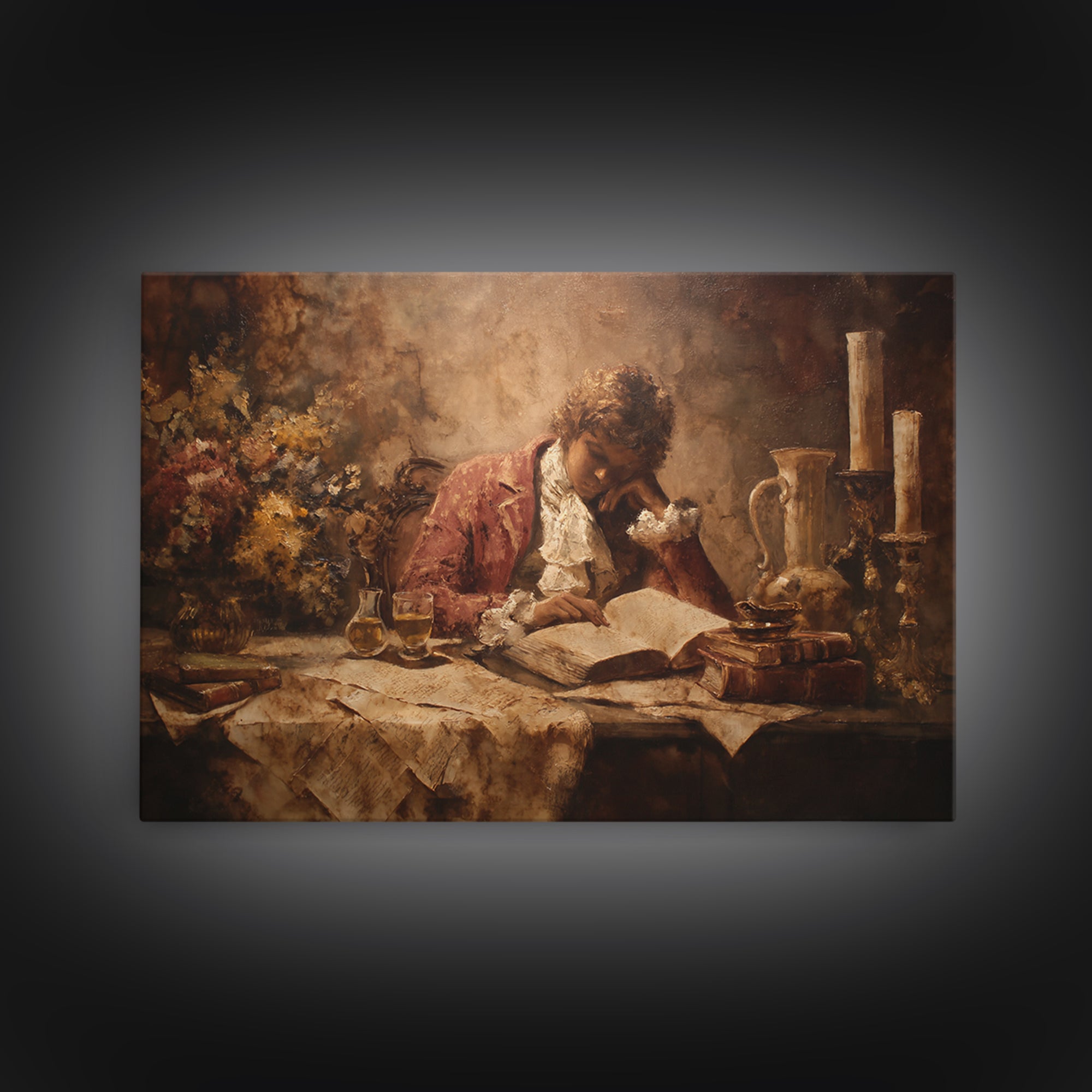 Renaissance Reading Figure Canvas Print, Library Art, Black Cat Art, Library Decor, Fine Art, Archive, Luxury Decor, Room Decor, LIB-3x2-3