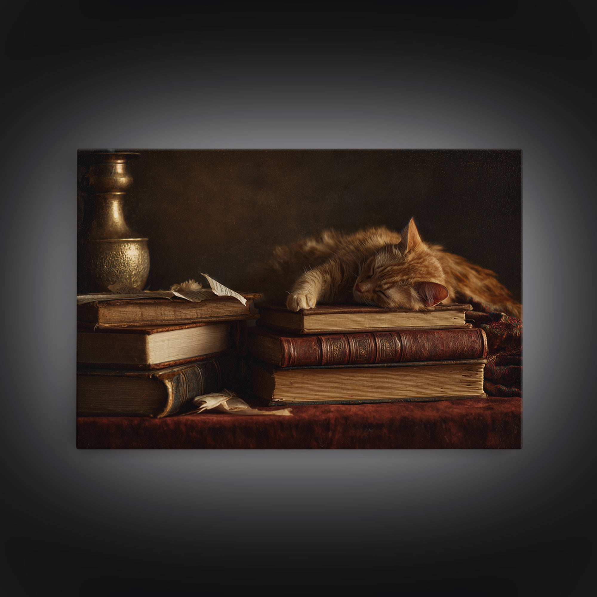 Cat Sleeping on a Book Stack Framed Canvas Print, Library Art, Room Decor, Library Decor, Fine Art, Archive, Printable Art, LIB-3x2-35