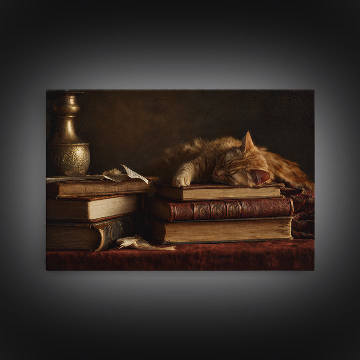 Cat Sleeping on a Book Stack Framed Canvas Print, Library Art, Room Decor, Library Decor, Fine Art, Archive, Printable Art, LIB-3x2-35