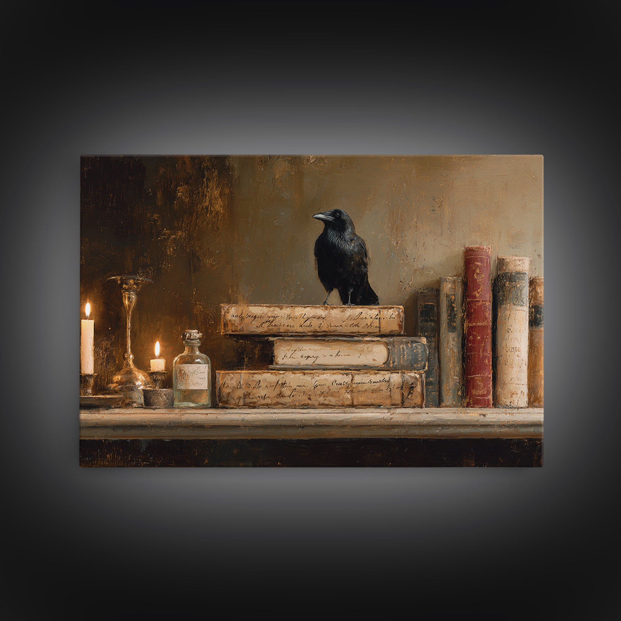 Black Raven Perched on Closed Book Framed Canvas Print, Library Art, Book Art, Library Decor, Oil Painting, Archive, LIB-3x2-50