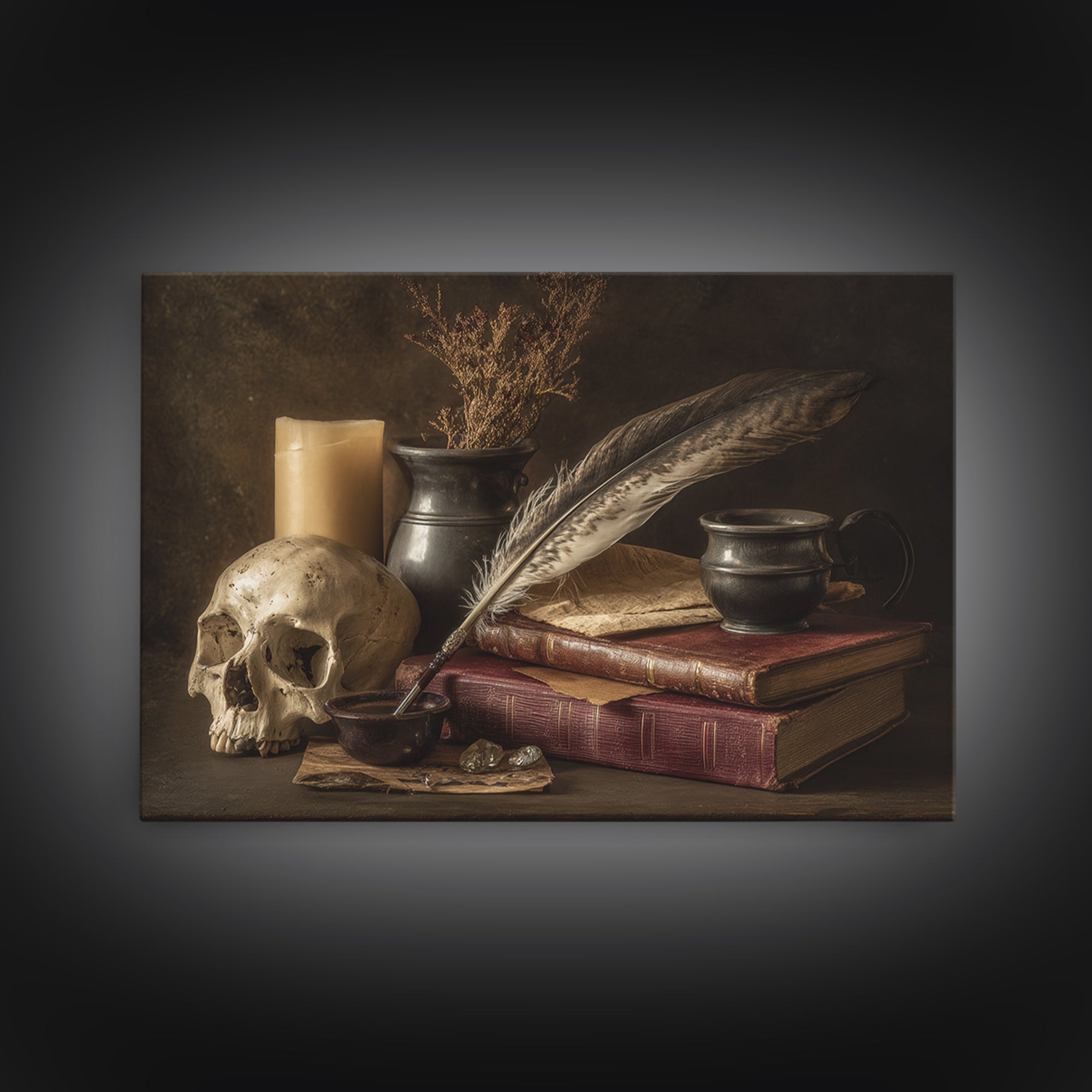 Dark Academia Skull Book and Quill Still Canvas Print, Library Art, Gothic Wall Decor, Library Decor, Fine Art, Archive, LIB-3x2-57