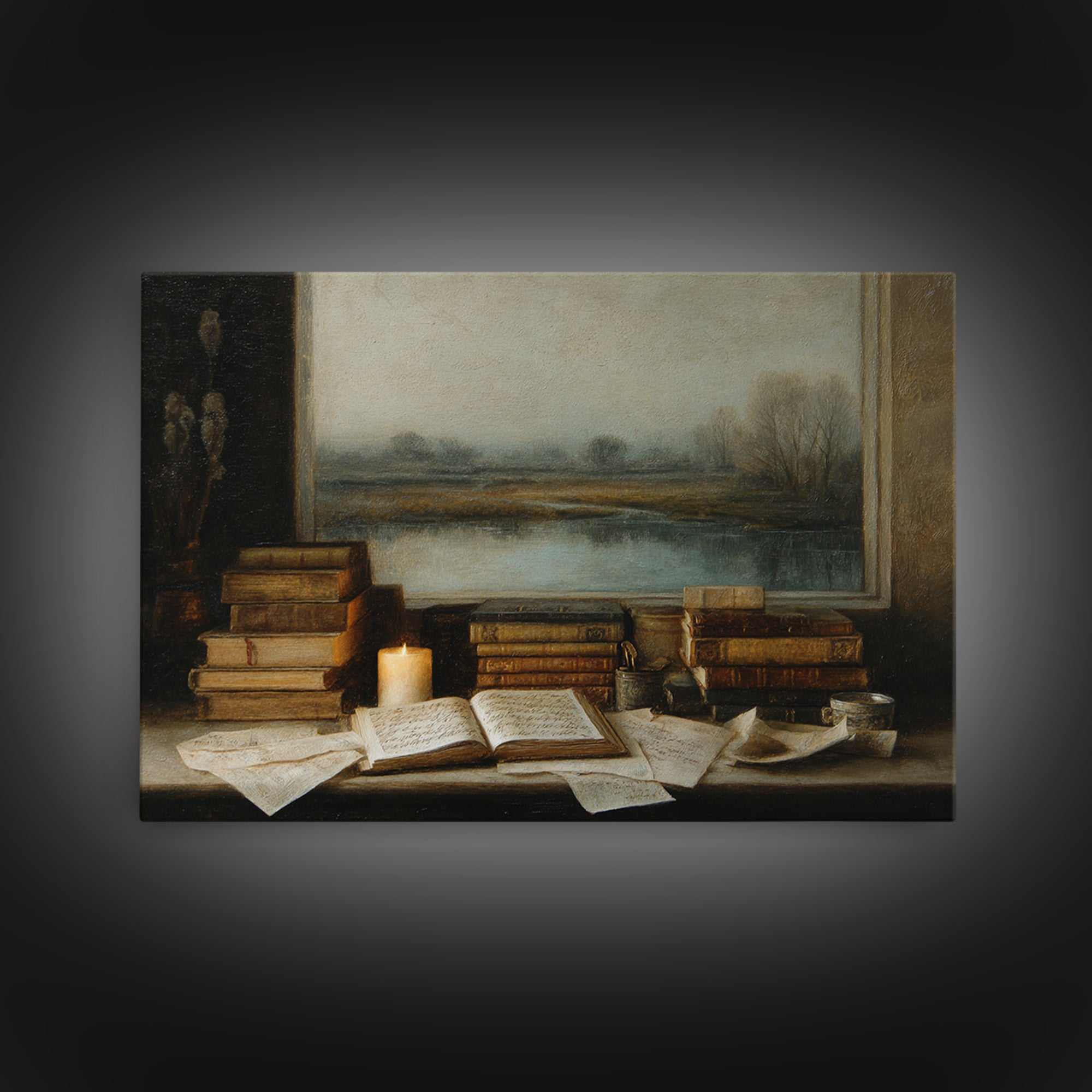 Moonlit Window with Floating Pages Framed Canvas Print, Library Art, Textured Painting, Library Decor, Fine Art, Archive, LIB-3x2-60