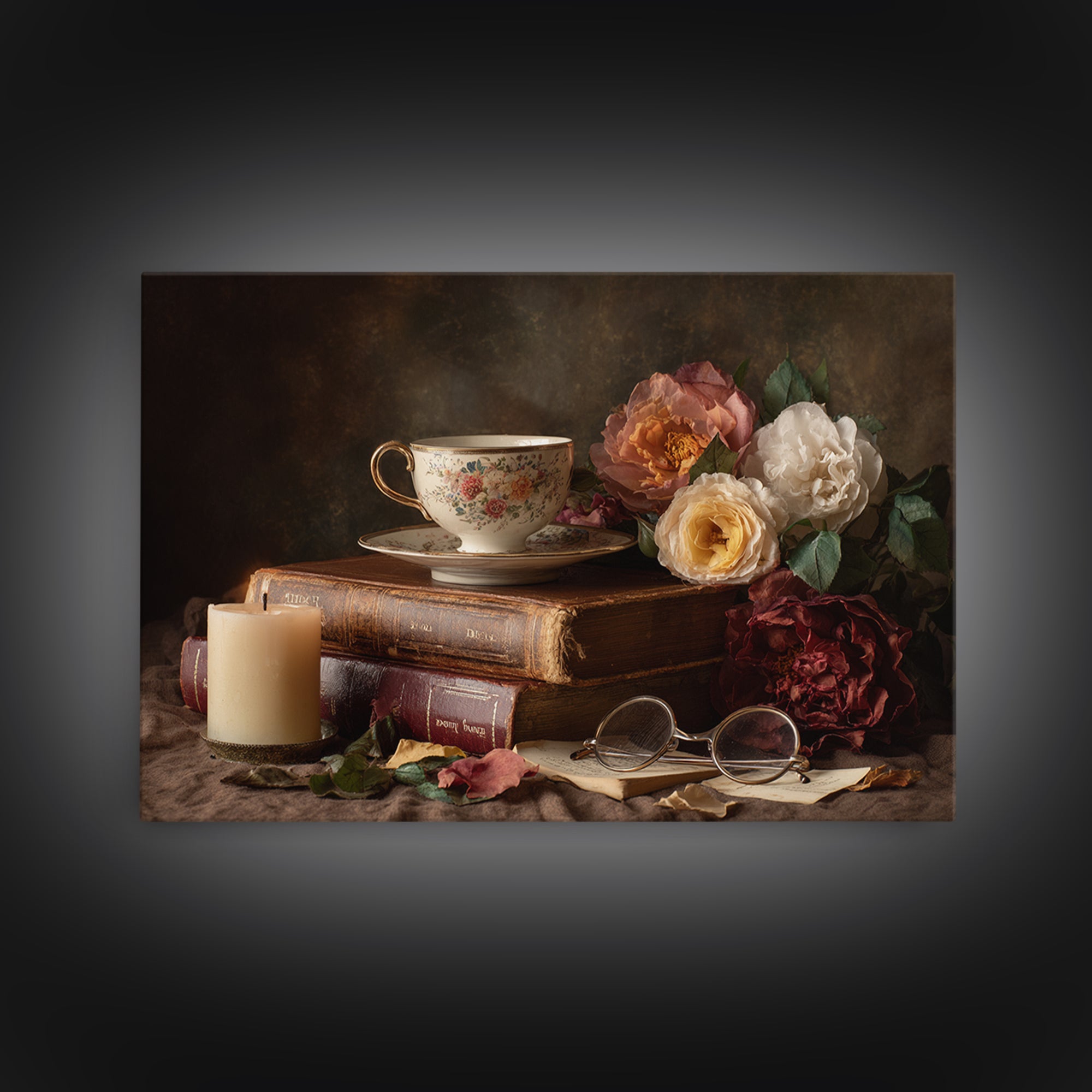 Teacup Beside a Novel and Roses Canvas Print, Library Art, Library Decor, Fine Art, Archive, Neutral Decor, Modern Decor, LIB-3x2-66