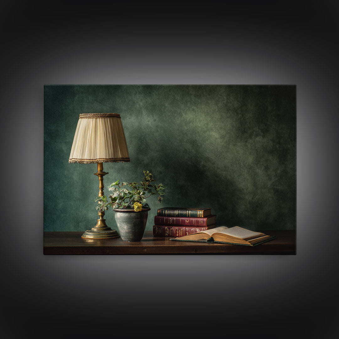 Warm Reading Lamp and Small Plant Still Canvas Print, Library Art, Neutral Decor, Library Decor, Fine Art, Archive, Home Decor, LIB-3x2-73