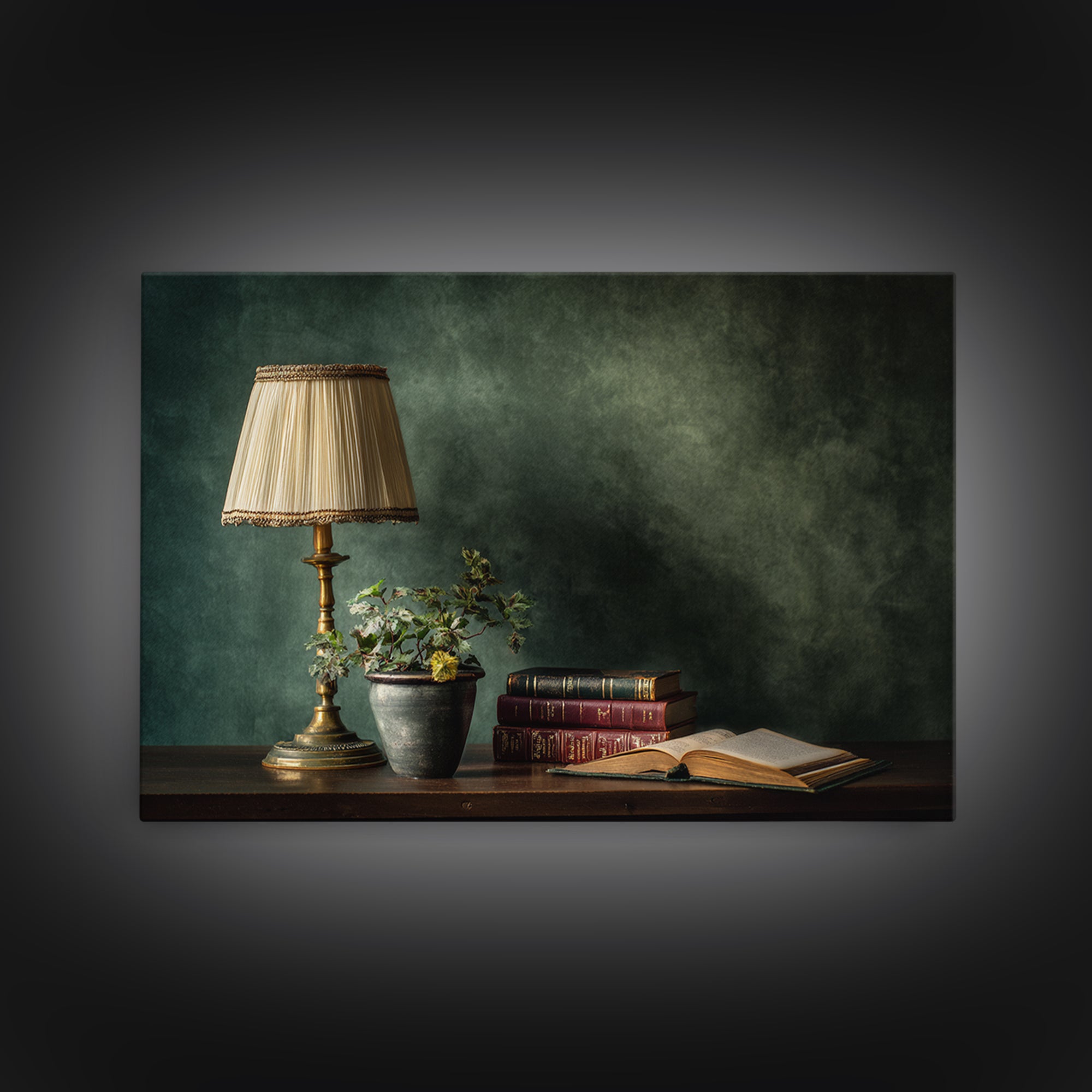 Warm Reading Lamp and Small Plant Still Canvas Print, Library Art, Neutral Decor, Library Decor, Fine Art, Archive, Home Decor, LIB-3x2-73