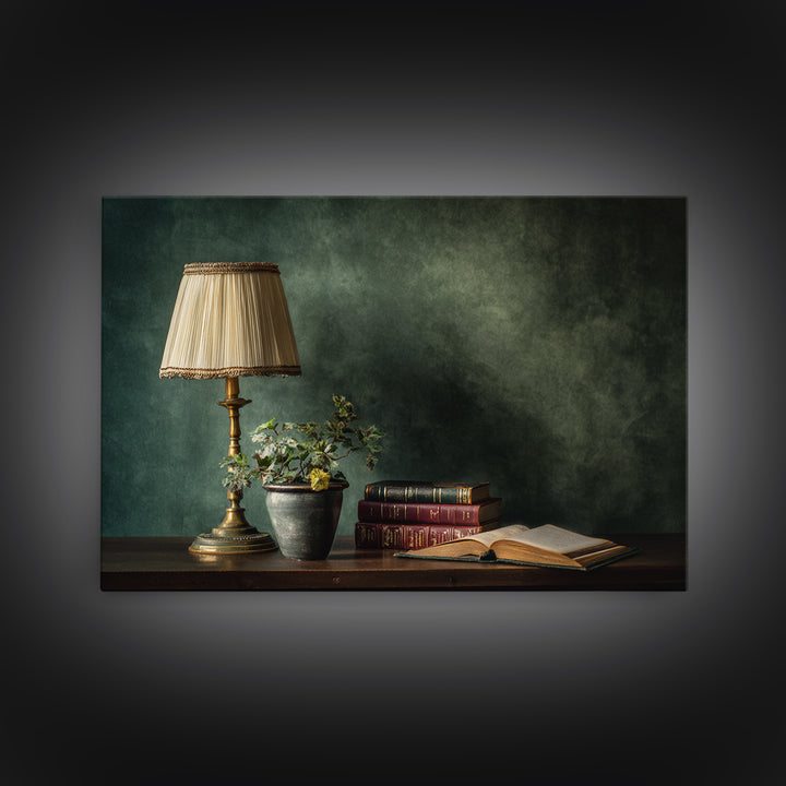Warm Reading Lamp and Small Plant Still Canvas Print, Library Art, Neutral Decor, Library Decor, Fine Art, Archive, Home Decor, LIB-3x2-73
