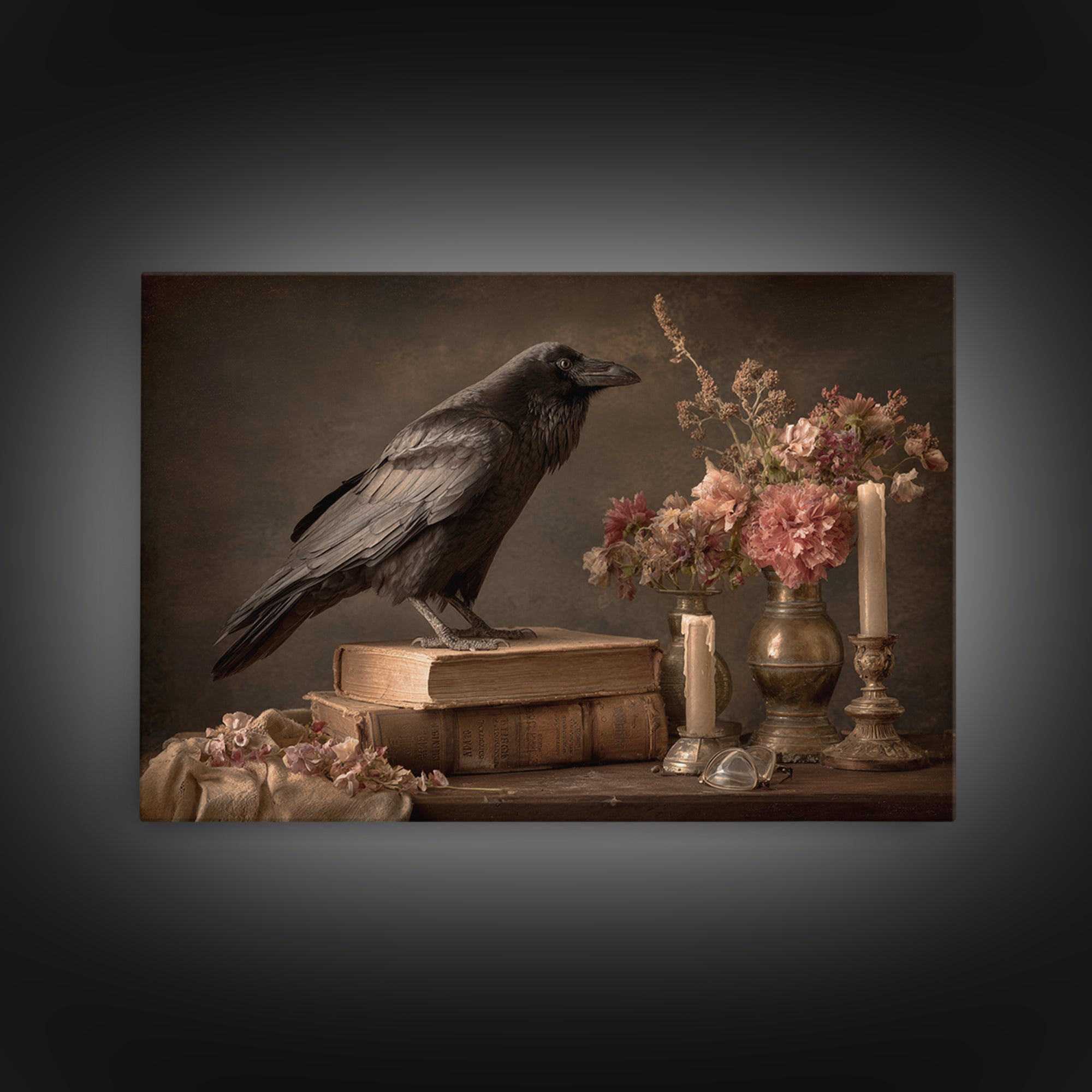Black Raven Perched on Closed Book Framed Canvas Print, Library Art, Book Art, Library Decor, Oil Painting, Archive, LIB-3x2-74