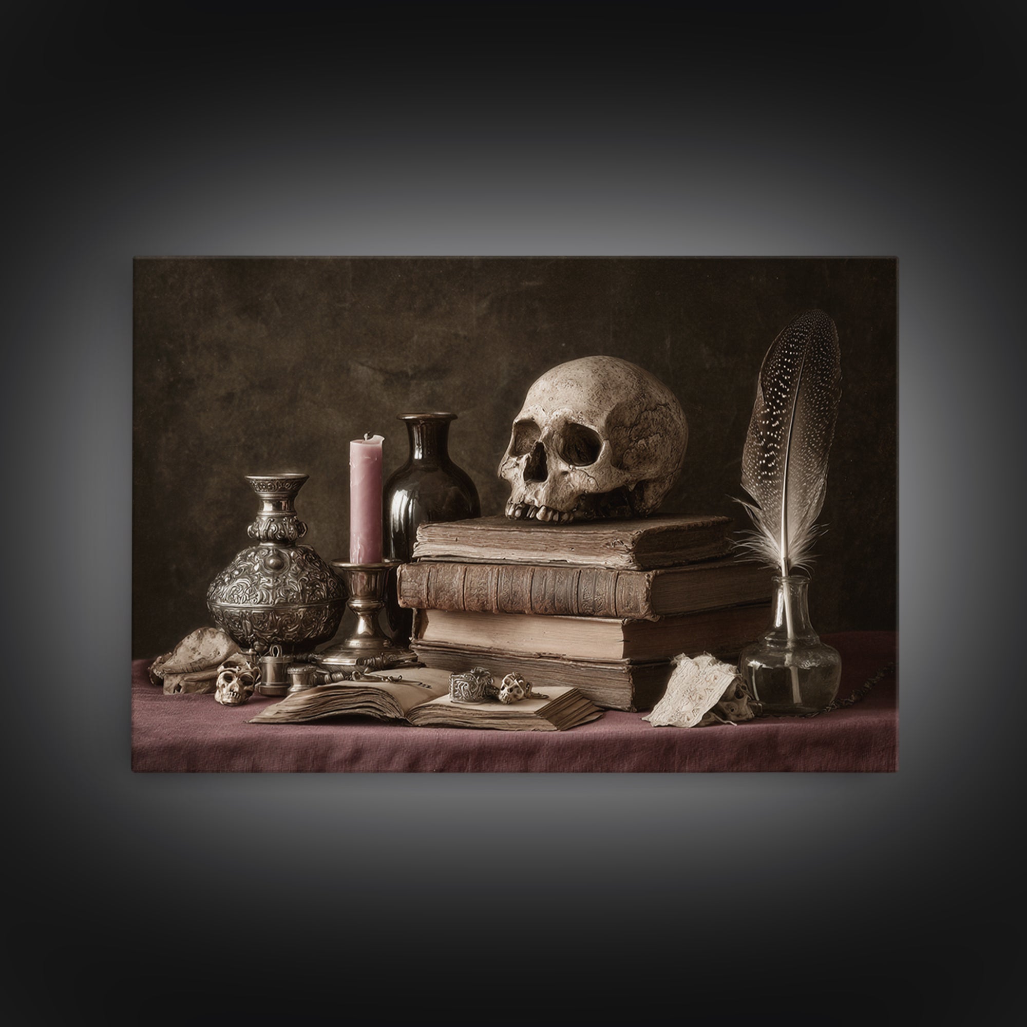 Dark Academia Skull Book and Quill Still Framed Canvas Print, Library Art, Fine Art Print, Library Decor, Fine Art, Archive, LIB-3x2-81