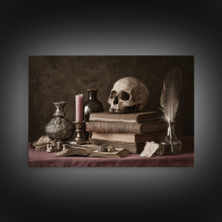 Dark Academia Skull Book and Quill Still Framed Canvas Print, Library Art, Fine Art Print, Library Decor, Fine Art, Archive, LIB-3x2-81