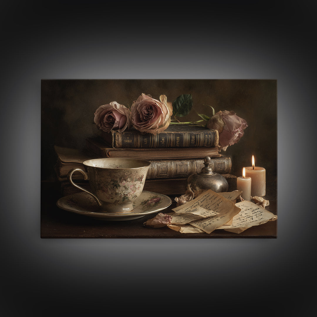 Teacup Beside a Novel and Roses Framed Canvas Print, Library Art, Black Cat Art, Library Decor, Fine Art, Archive, Luxury Decor, LIB-3x2-90