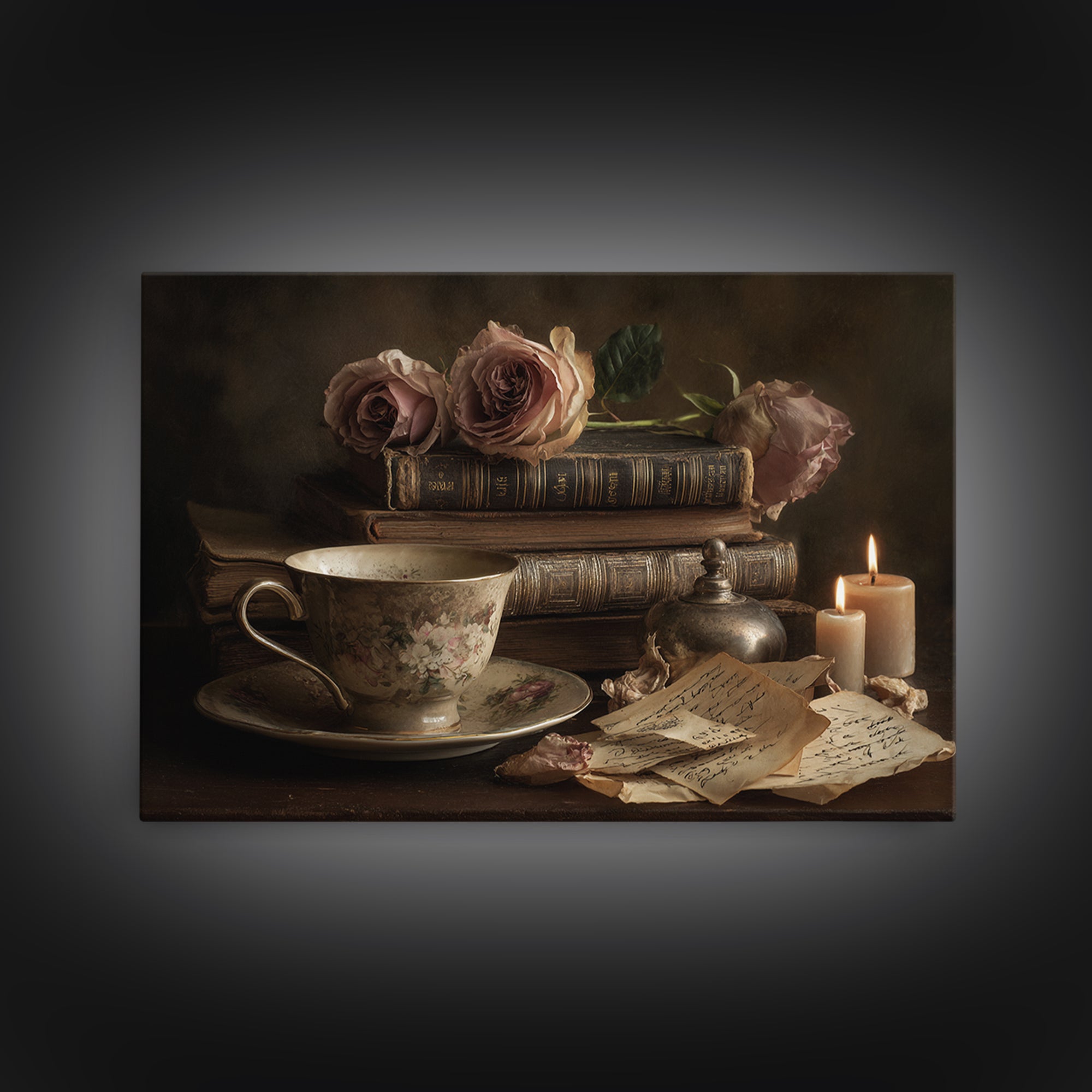 Teacup Beside a Novel and Roses Framed Canvas Print, Library Art, Black Cat Art, Library Decor, Fine Art, Archive, Luxury Decor, LIB-3x2-90