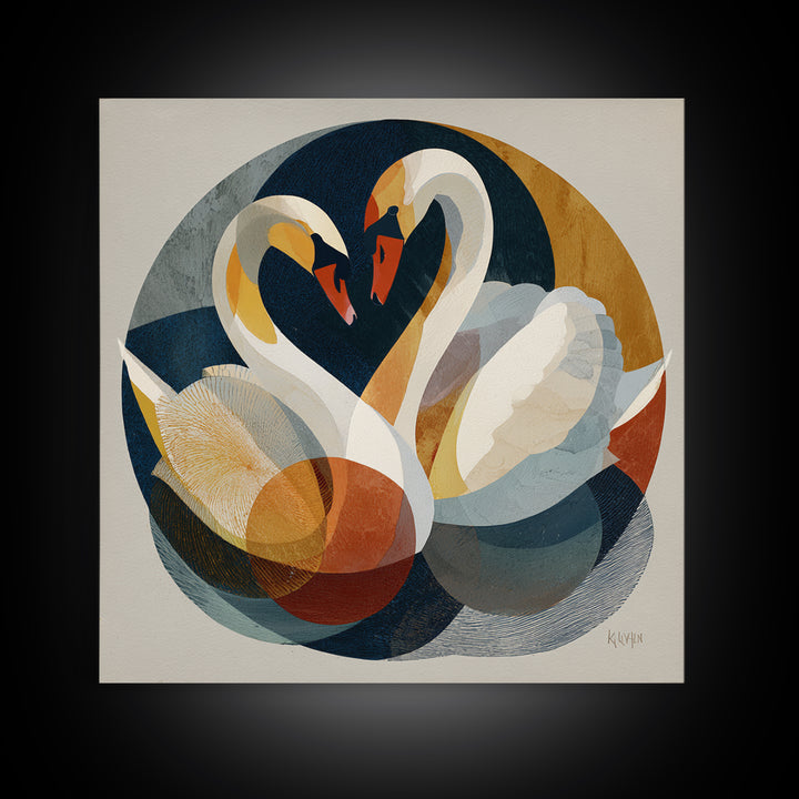 Two Swans Forming a Heart Shape Framed Canvas Print, Line Art, Boho Decor, Living Room Decor, Abstract Art, Line, LIN-1x1-16