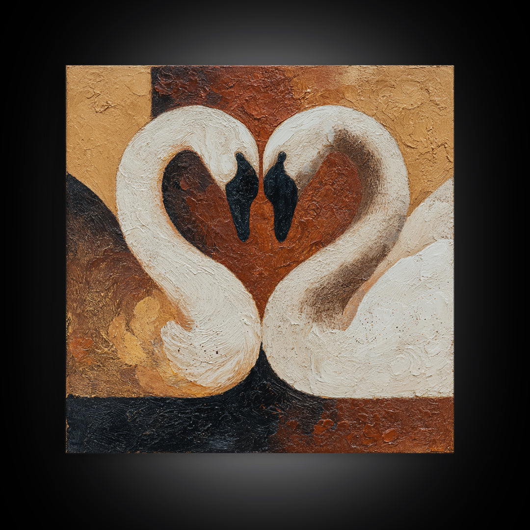 Two Swans Forming a Heart Shape Framed Canvas Print, Line Art, Textured Painting, Living Room Decor, Abstract Art, Line, LIN-1x1-40