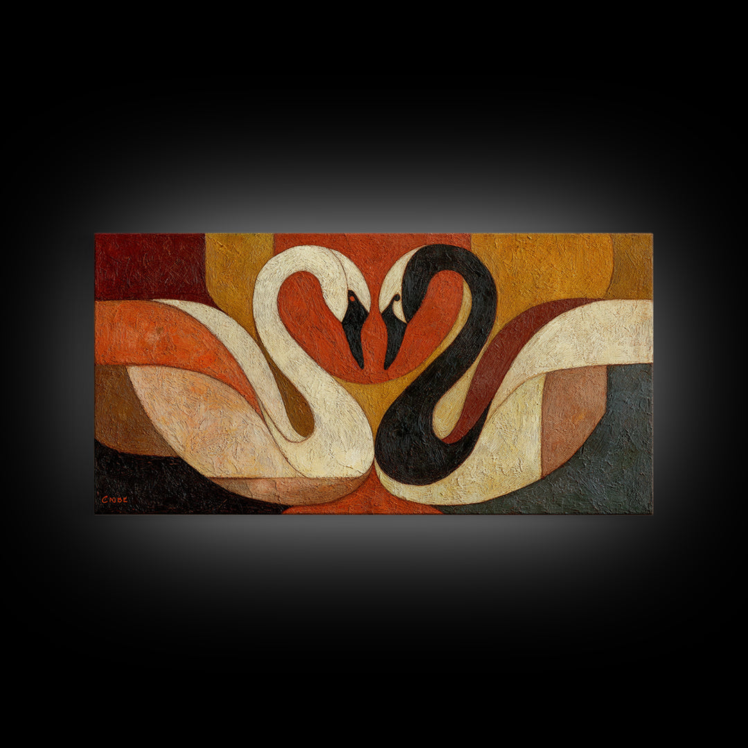 Two Swans Forming a Heart Shape Framed Canvas Print, Line Art, Textured Painting, Living Room Decor, Abstract Art, Line, LIN-2x1-12