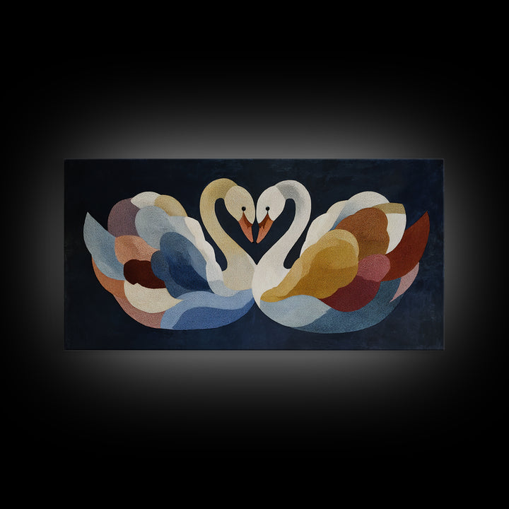 Two Swans Forming a Heart Shape Framed Canvas Print, Line Art, Digital Wall Art, Living Room Decor, Line, Minimalist Wall Art, LIN-2x1-60