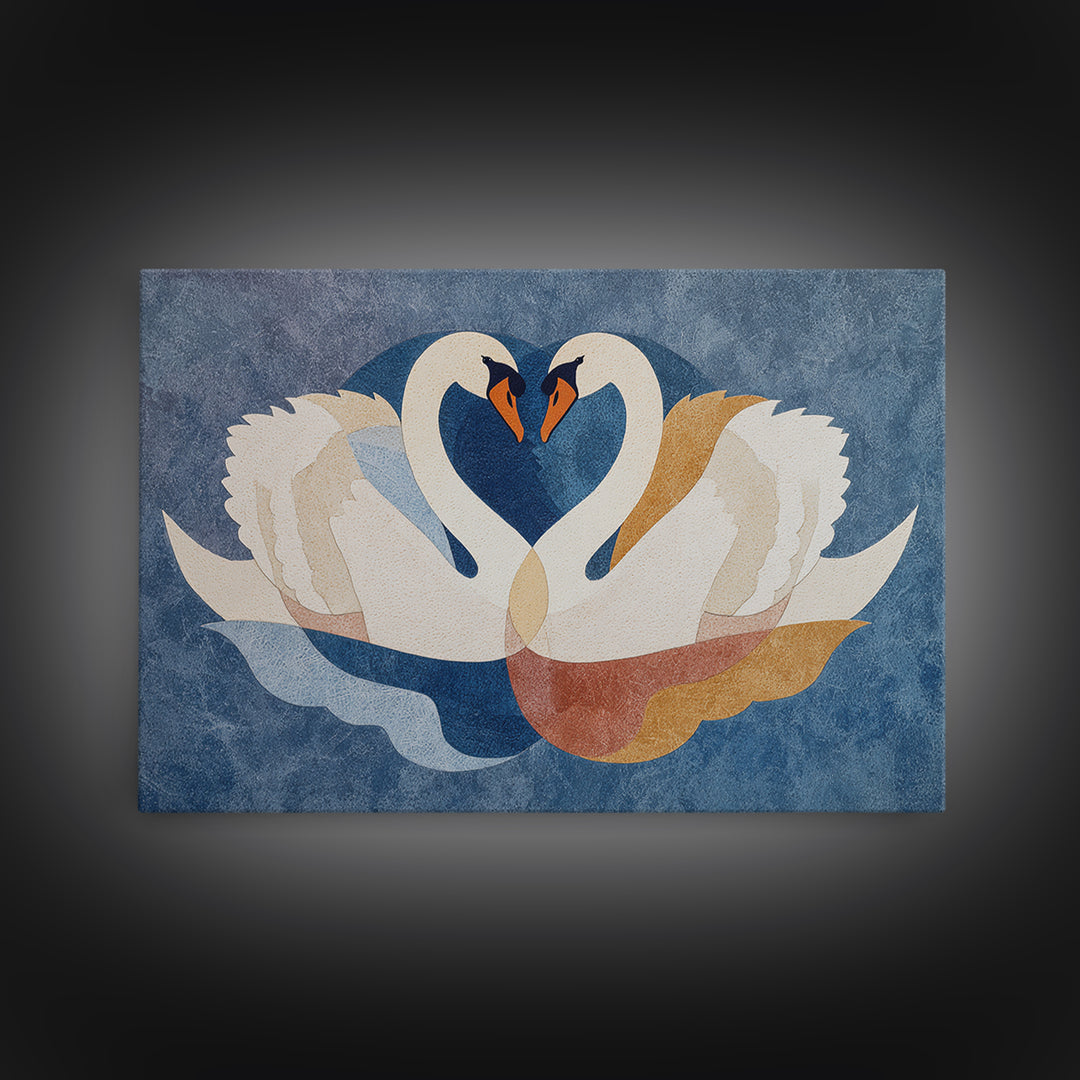 Two Swans Forming a Heart Shape Framed Canvas Print, Line Art, Boho Wall Decor, Living Room Decor, Abstract Art, Line, LIN-3x2-92