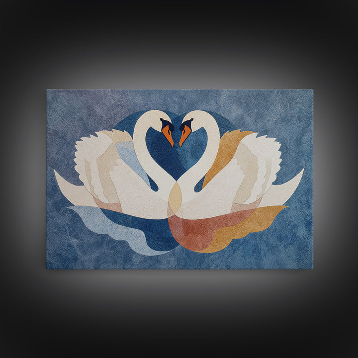 Two Swans Forming a Heart Shape Framed Canvas Print, Line Art, Boho Wall Decor, Living Room Decor, Abstract Art, Line, LIN-3x2-92