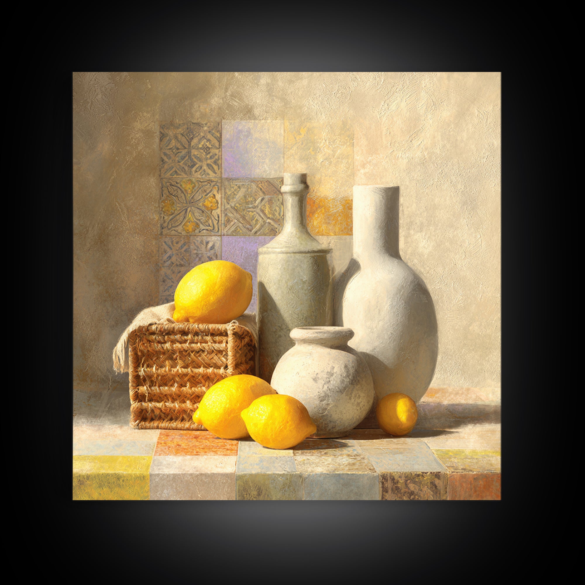 Warm Mediterranean Lemon Still Life Framed Canvas Print, Living Room Art, Dopamine Decor, Living Room Decor, Abstract Art, LIR-1x1-42