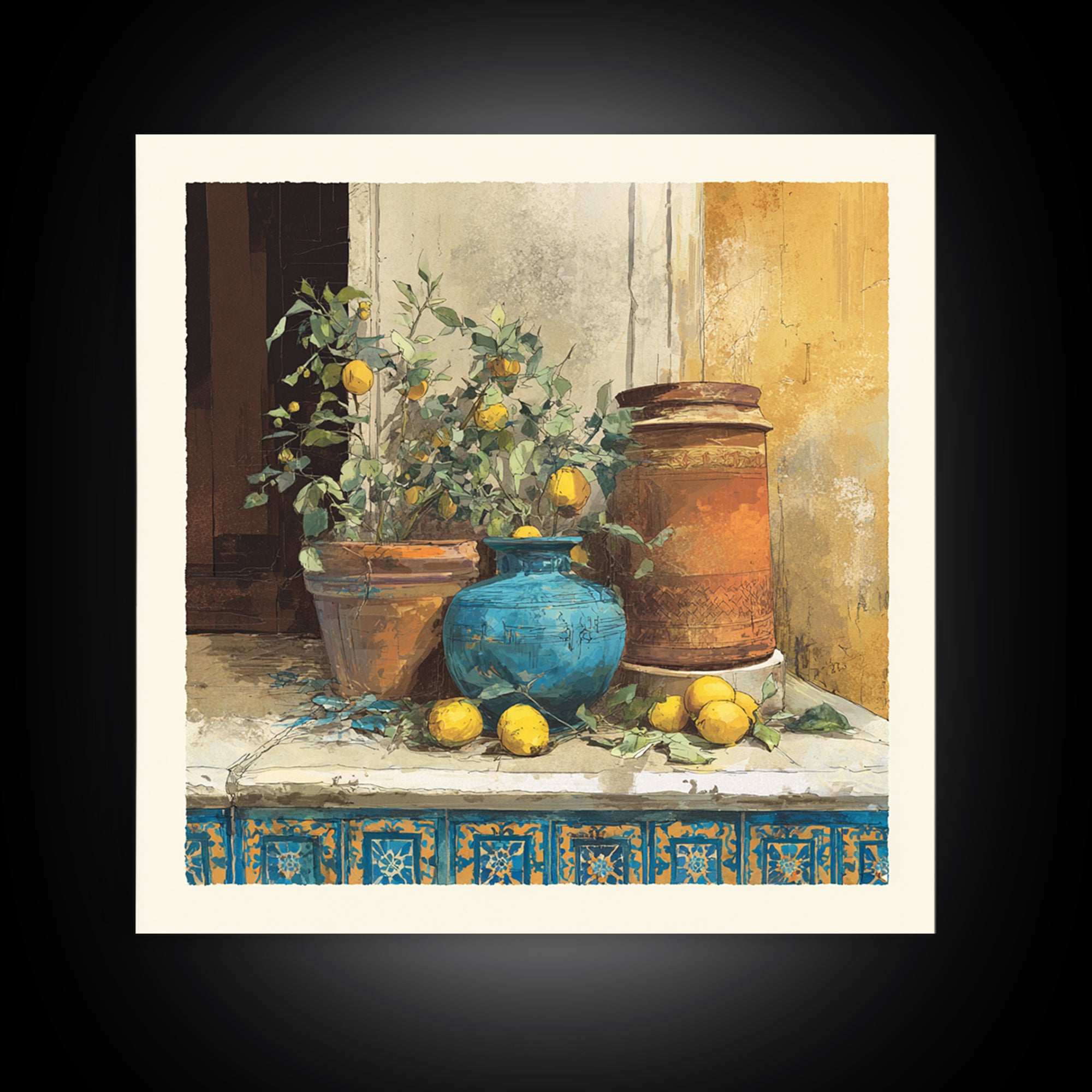 Warm Mediterranean Lemon Still Life Framed Canvas Print, Living Room Art, Dopamine Decor, Living Room Decor, Abstract Art, LIR-1x1-66