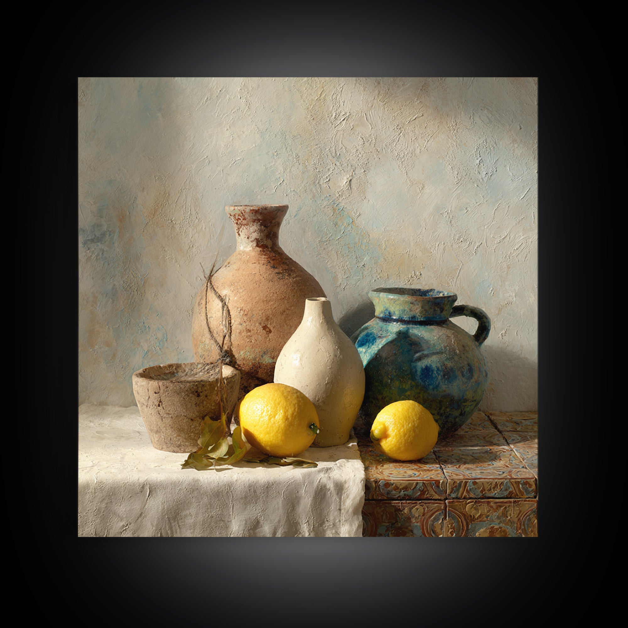 Warm Mediterranean Lemon Still Life Canvas Print, Living Room Art, Neutral Decor, Living Room Decor, Fine Art, Living, LIR-1x1-90