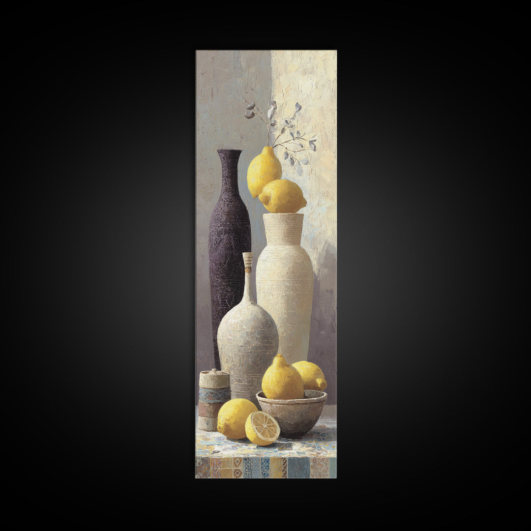 Warm Mediterranean Lemon Still Life Framed Canvas Print, Living Room Art, Bedroom Wall Art, Living Room Decor, Oil Painting, LIR-1x3-30