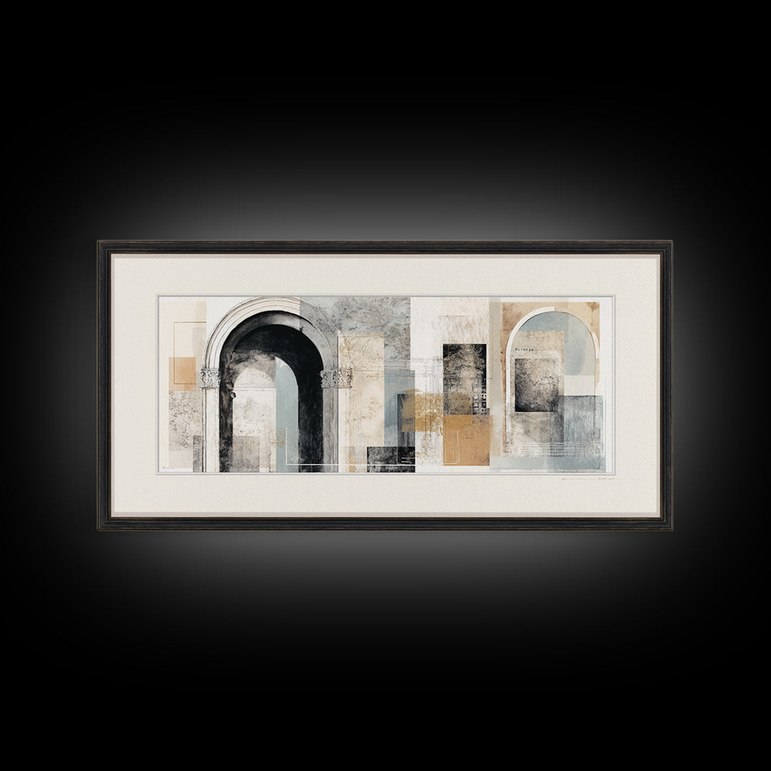 Black and White Architectural Arch Composition Framed Canvas Print, Living Room Art, Boho Decor, Living Room Decor, LIR-2x1-27