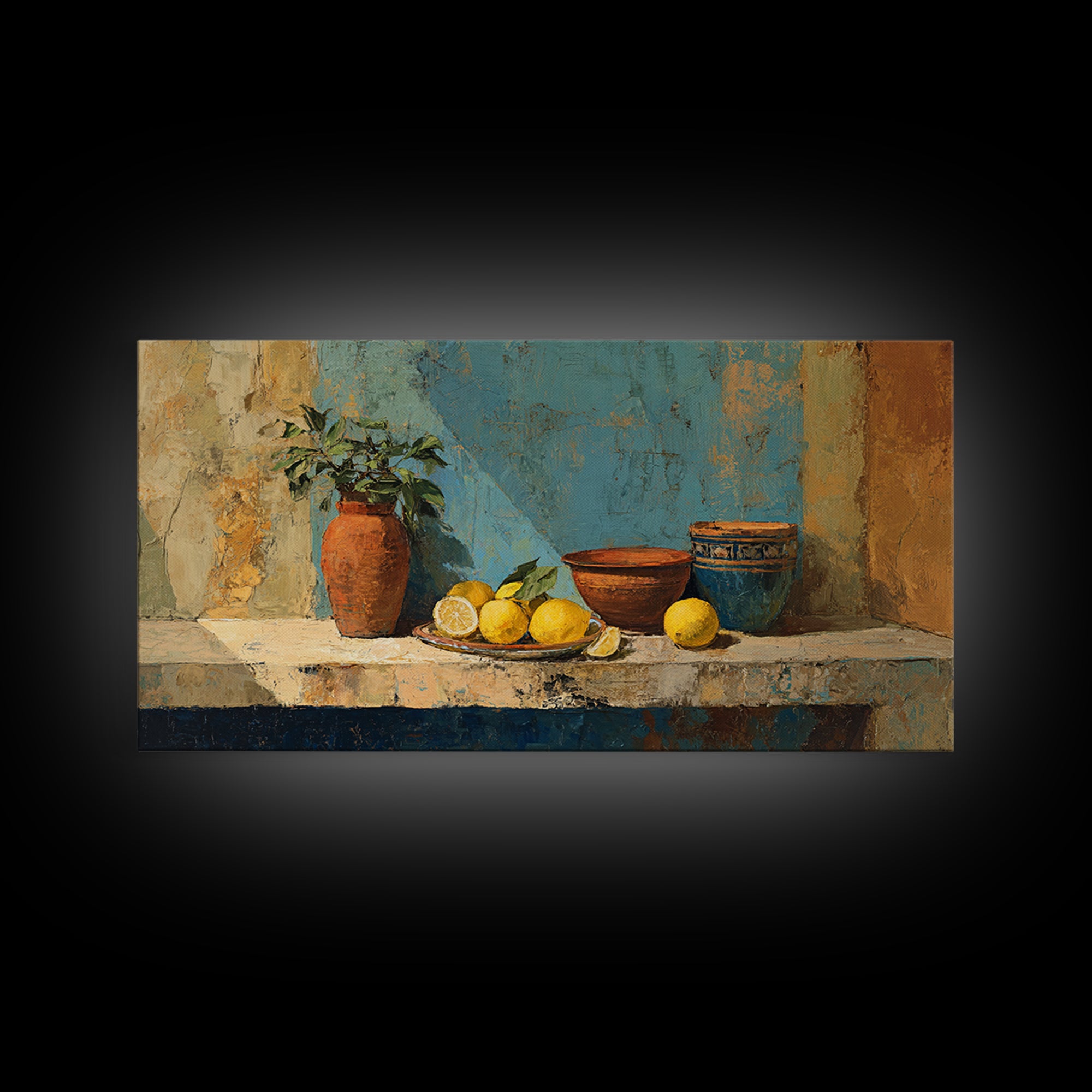 Warm Mediterranean Lemon Still Life Canvas Print, Living Room Art, Wall Art, Living Room Decor, Oil Painting, Living, LIR-2x1-62
