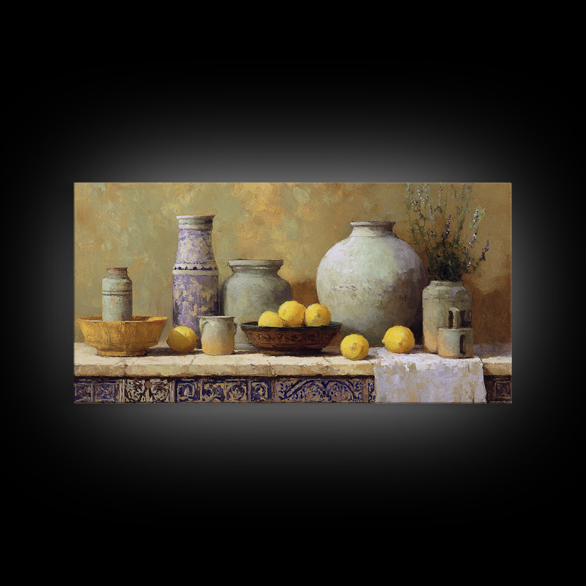 Warm Mediterranean Lemon Still Life Framed Canvas Print, Living Room Art, Art Print, Living Room Decor, Fine Art, Living, LIR-2x1-86