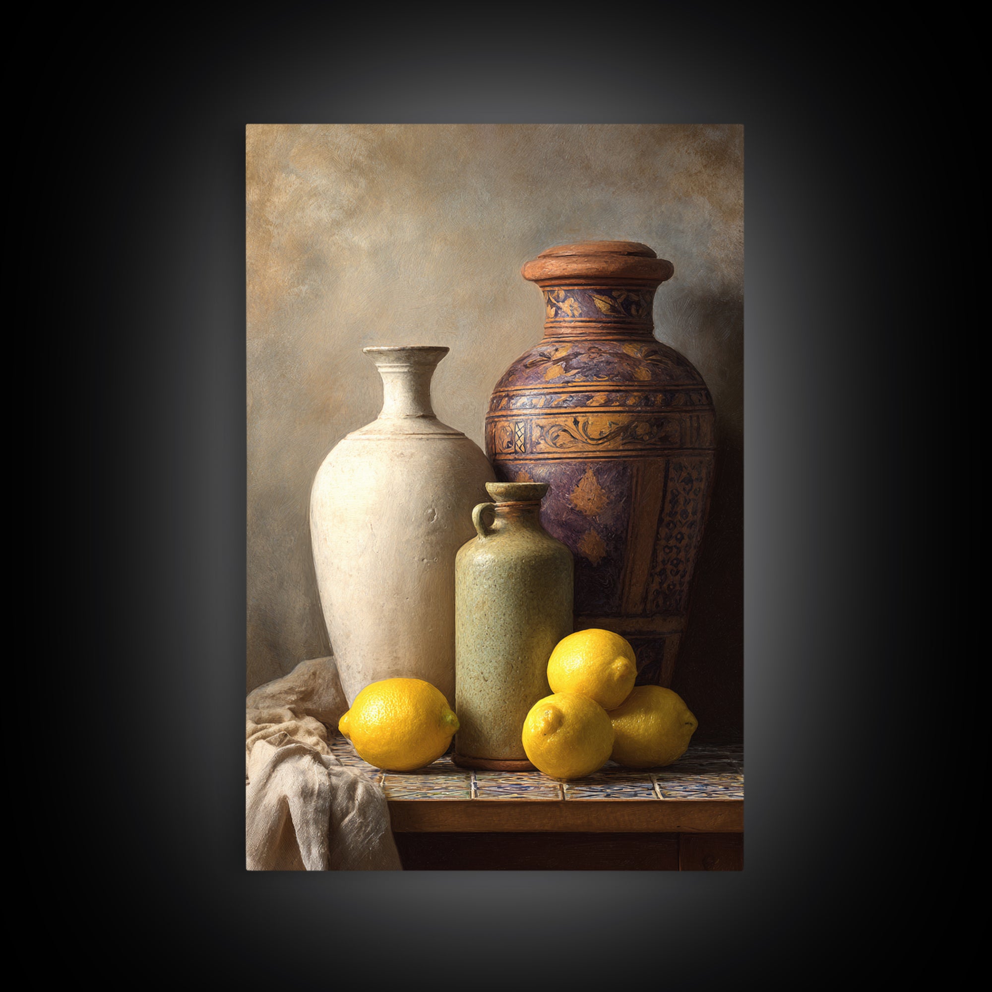 Warm Mediterranean Lemon Still Life Framed Canvas Print, Living Room Art, Living Room Decor, Watercolor Art, Living, LIR-2x3-74