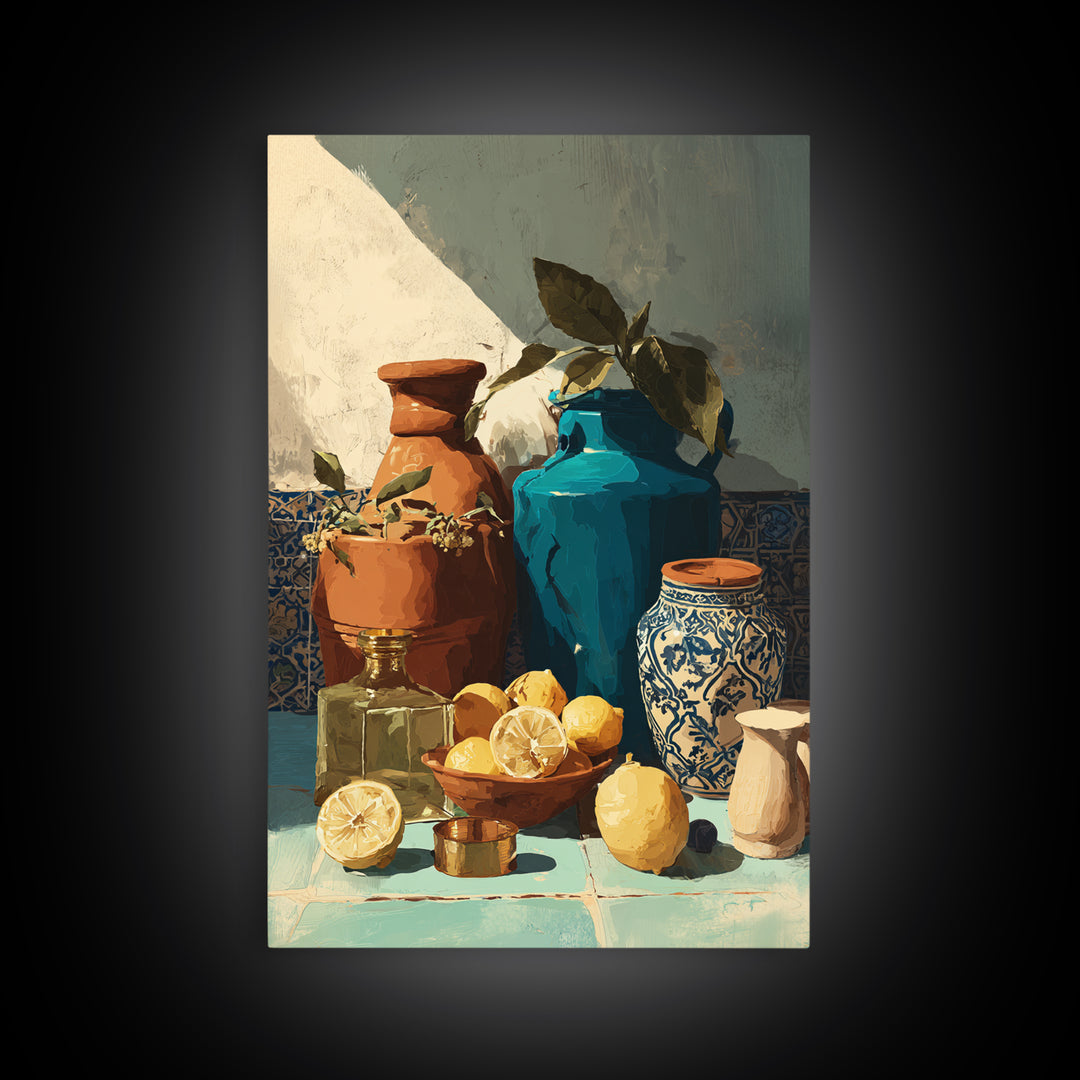 Warm Mediterranean Lemon Still Life Framed Canvas Print, Living Room Art, Living Room Decor, Watercolor Art, Living, LIR-2x3-98