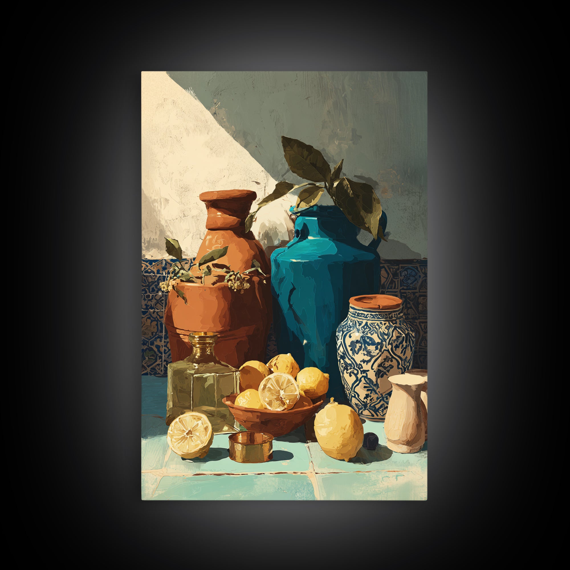 Warm Mediterranean Lemon Still Life Framed Canvas Print, Living Room Art, Living Room Decor, Watercolor Art, Living, LIR-2x3-98