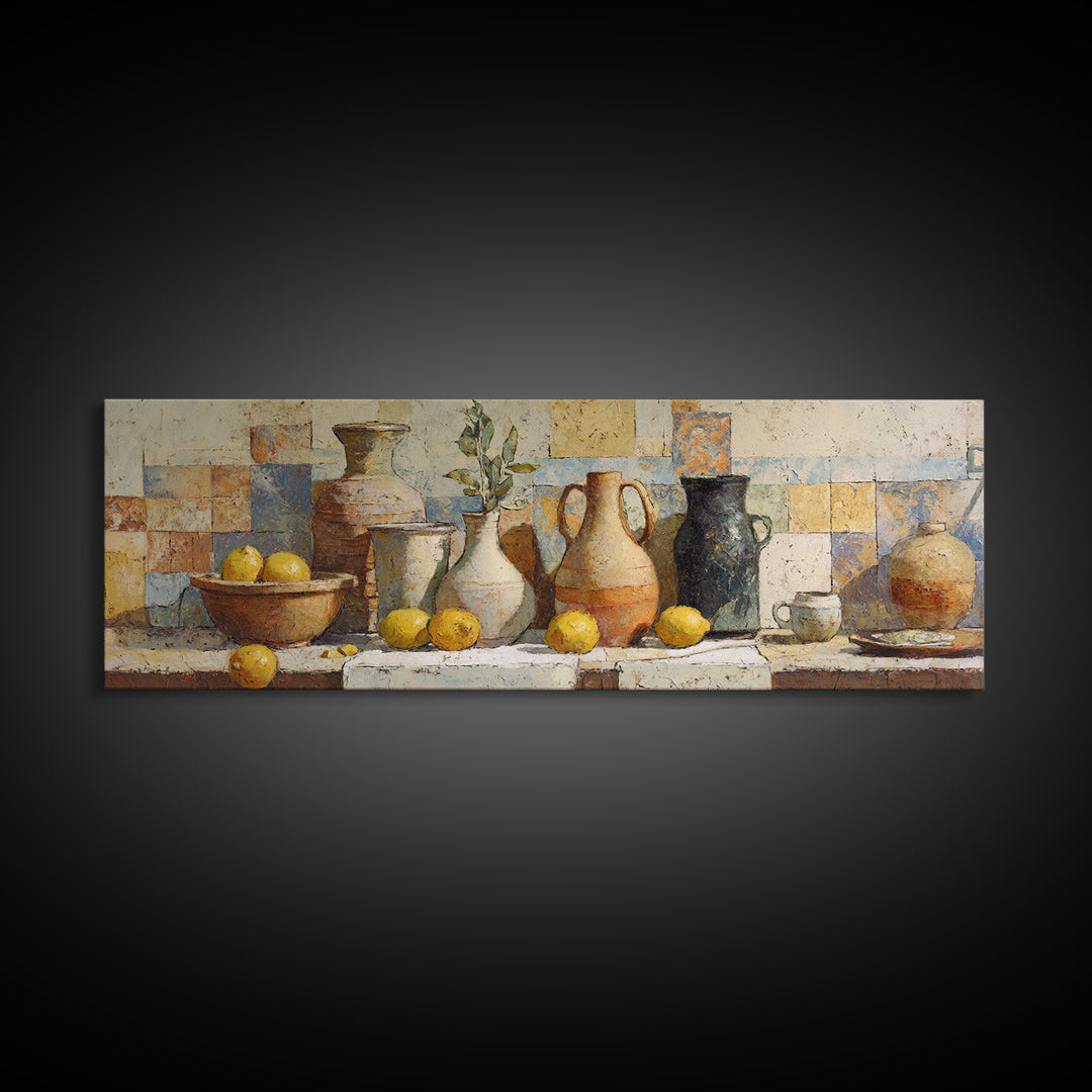 Warm Mediterranean Lemon Still Life Canvas Print, Living Room Art, Oil Painting, Living Room Decor, Abstract Art, Living, LIR-3x1-34