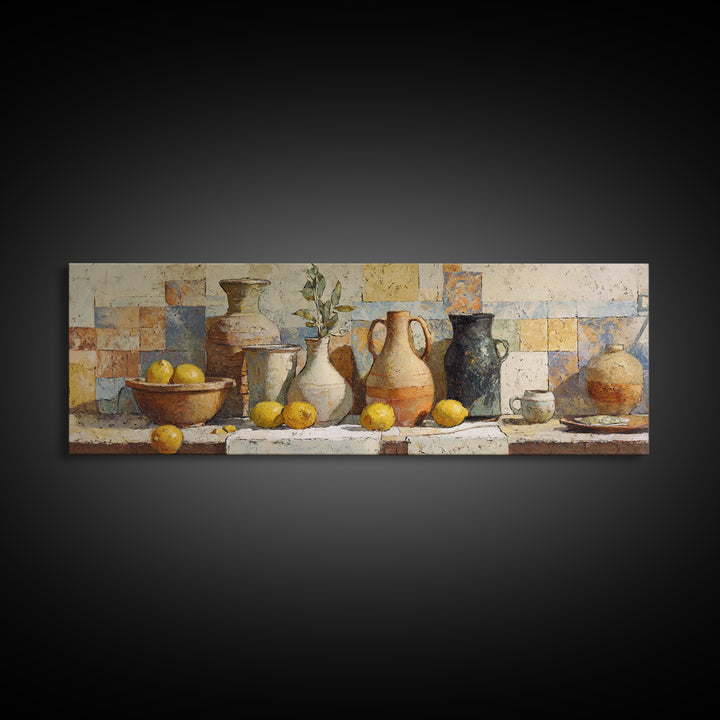 Warm Mediterranean Lemon Still Life Canvas Print, Living Room Art, Oil Painting, Living Room Decor, Abstract Art, Living, LIR-3x1-34