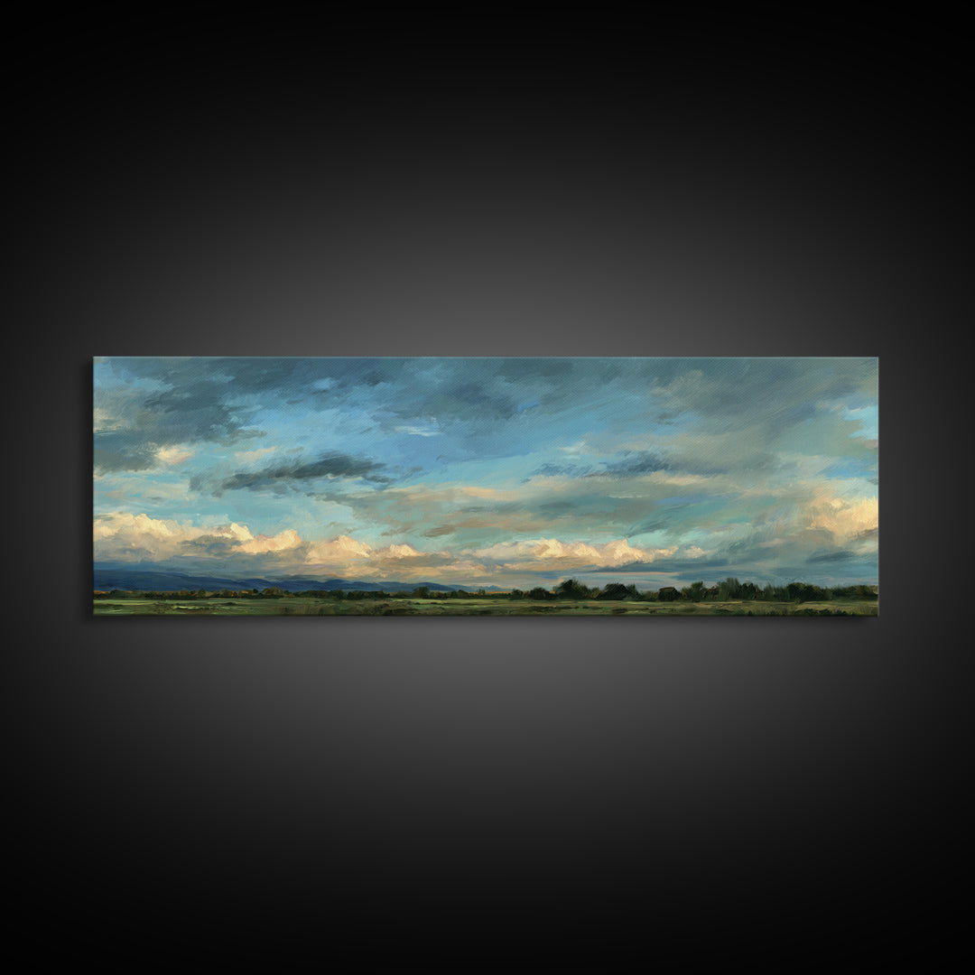 Modern Landscape with Expansive Calm Sky Canvas Print, Living Room Art, Art Print, Living Room Decor, Watercolor Art, Living, LIR-3x1-43