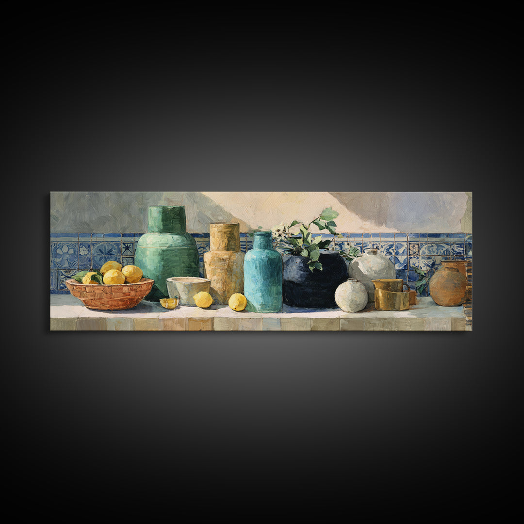 Warm Mediterranean Lemon Still Life Framed Canvas Print, Living Room Art, Apartment Decor, Living Room Decor, Fine Art, Living, LIR-3x1-82