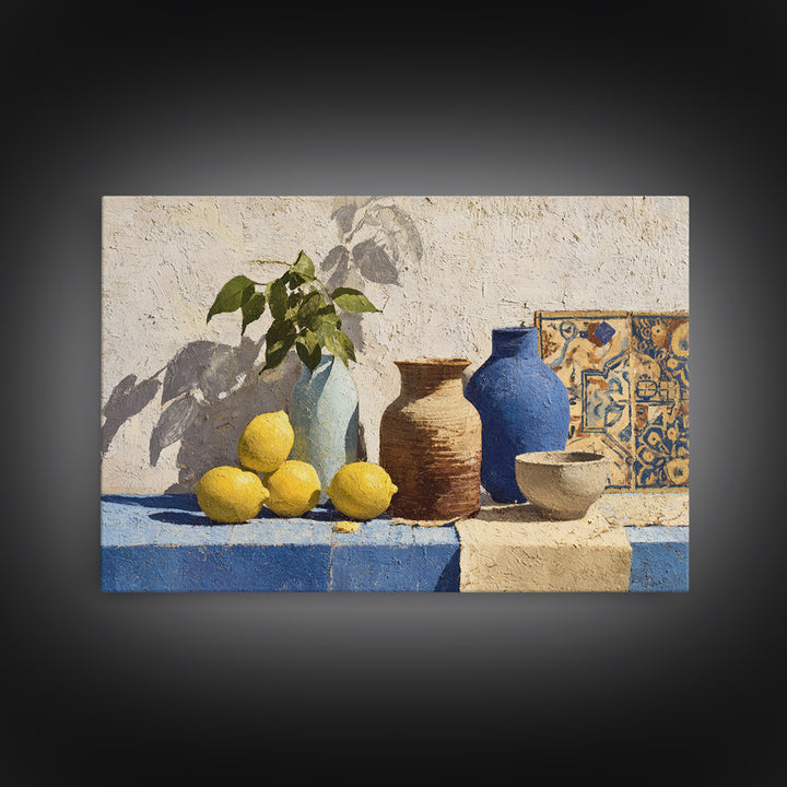 Warm Mediterranean Lemon Still Life Canvas Print, Living Room Art, Art Nouveau, Living Room Decor, Oil Painting, Living, LIR-3x2-22