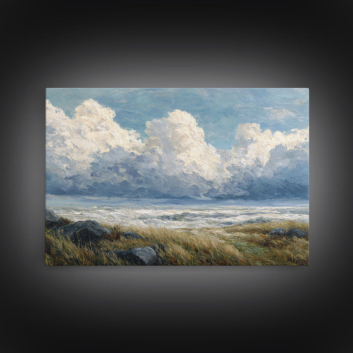 Large Cloudscape with Gentle Movement Framed Canvas Print, Living Room Art, 3 Piece Wall Art, Living Room Decor, Watercolor Art, LIR-3x2-71