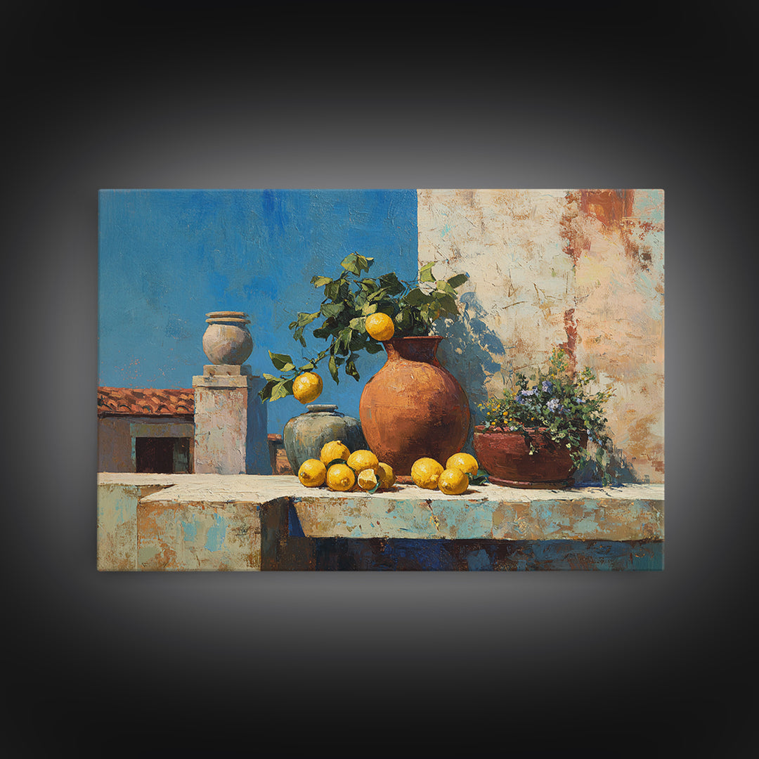 Warm Mediterranean Lemon Still Life Canvas Print, Living Room Art, Dopamine Decor, Living Room Decor, Abstract Art, Living, LIR-3x2-94