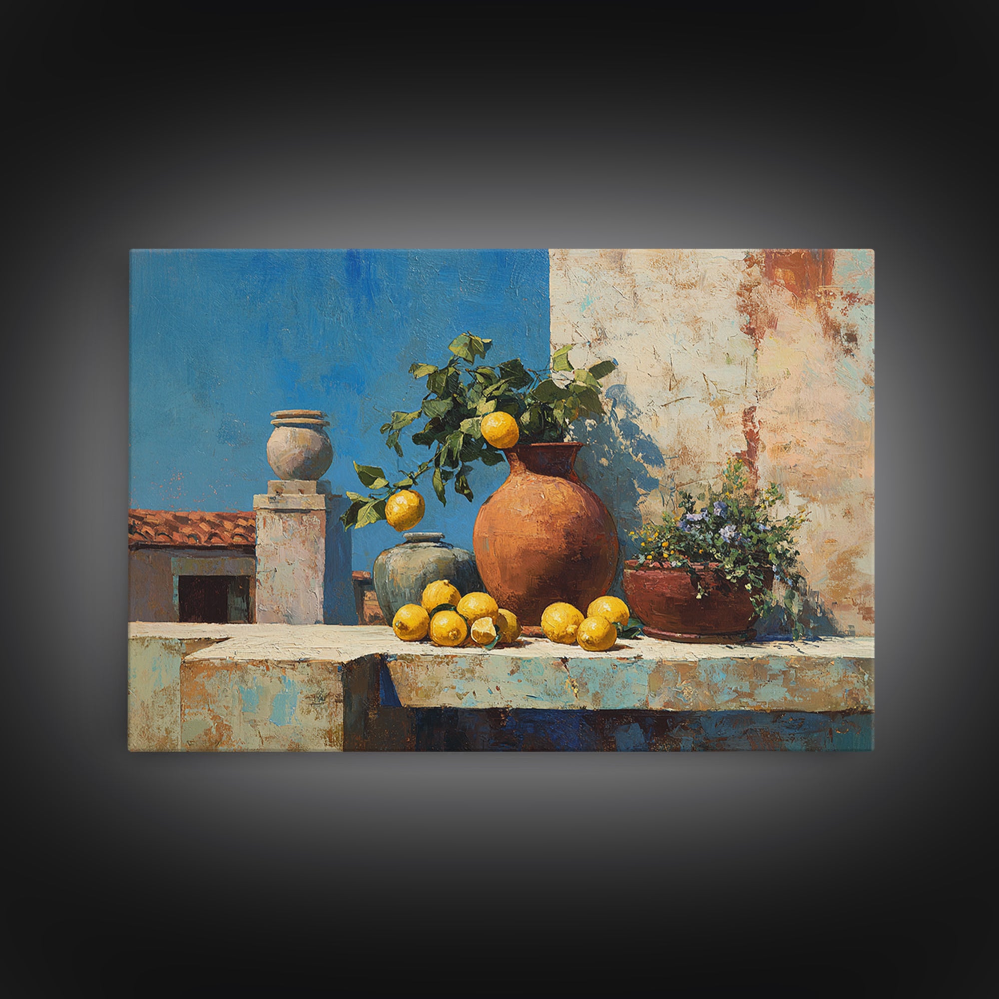 Warm Mediterranean Lemon Still Life Canvas Print, Living Room Art, Dopamine Decor, Living Room Decor, Abstract Art, Living, LIR-3x2-94