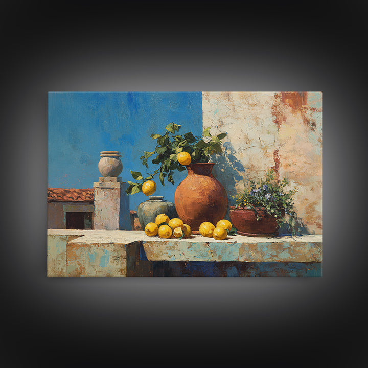 Warm Mediterranean Lemon Still Life Canvas Print, Living Room Art, Dopamine Decor, Living Room Decor, Abstract Art, Living, LIR-3x2-94