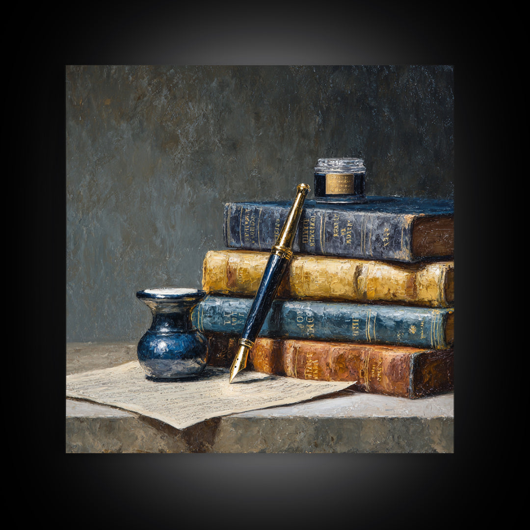 Dignified Law Books and Fountain Pen Still Canvas Print, Law Office Art, Lawyer, Office Decor, Fine Art, Counsel, Neutral Decor, LOA-1x1-50